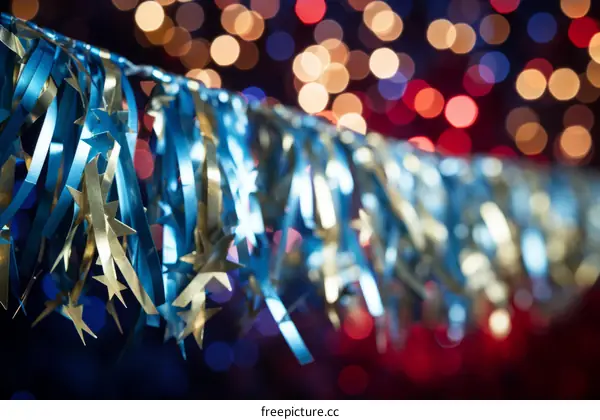 Blue and gold stars hanging party streamers with blurred lights in the background