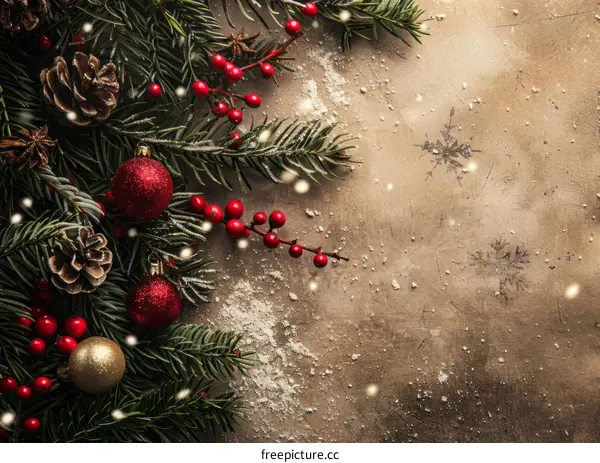 Christmas Background with Fir Branches, Red Berries and Ornaments
