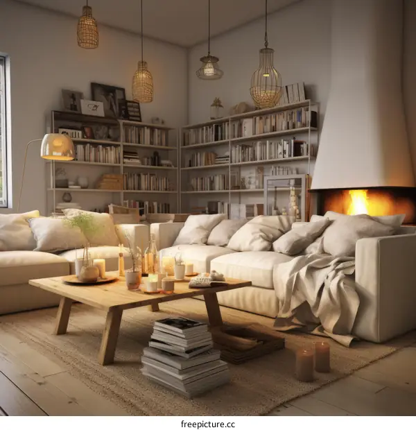 Cozy minimalist living room interior with fireplace and bookshelves