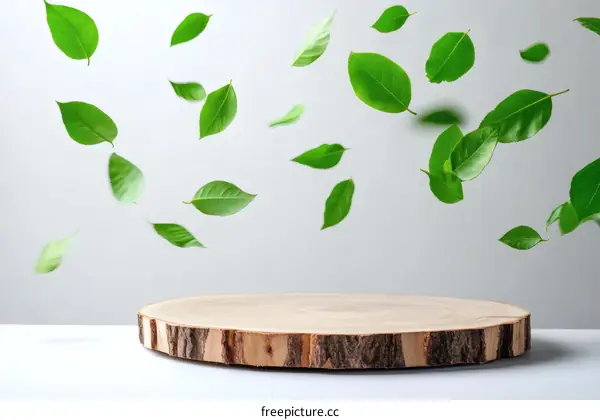 Floating Leaves on Wooden Slice Display