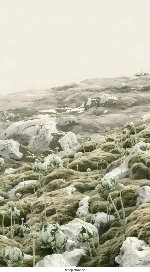 Abstract Illustration of Green Flower Buds and Grey Rocks