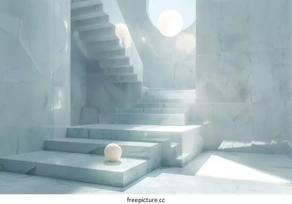 Marble stairs with a large sphere on the bottom step