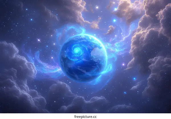 Blue Earth Glowing in Space