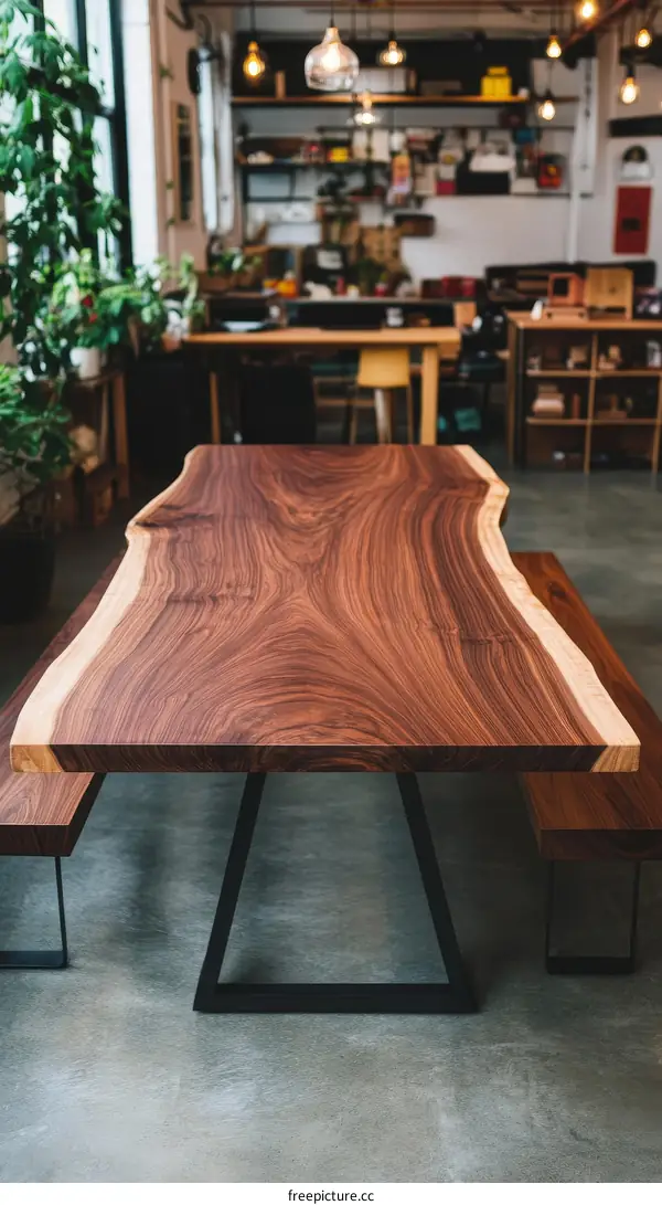 Modern Walnut Dining Table with Concrete Floor