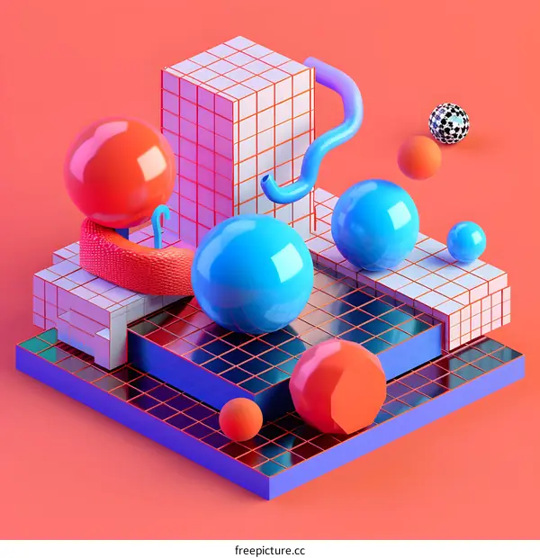 Abstract 3D Geometric Shapes and Spheres on a Pink Background