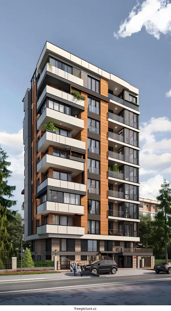 Modern Apartment Building with Balconies and Green Trees