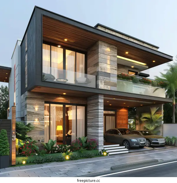Modern Two-Story House Exterior Design Illustration