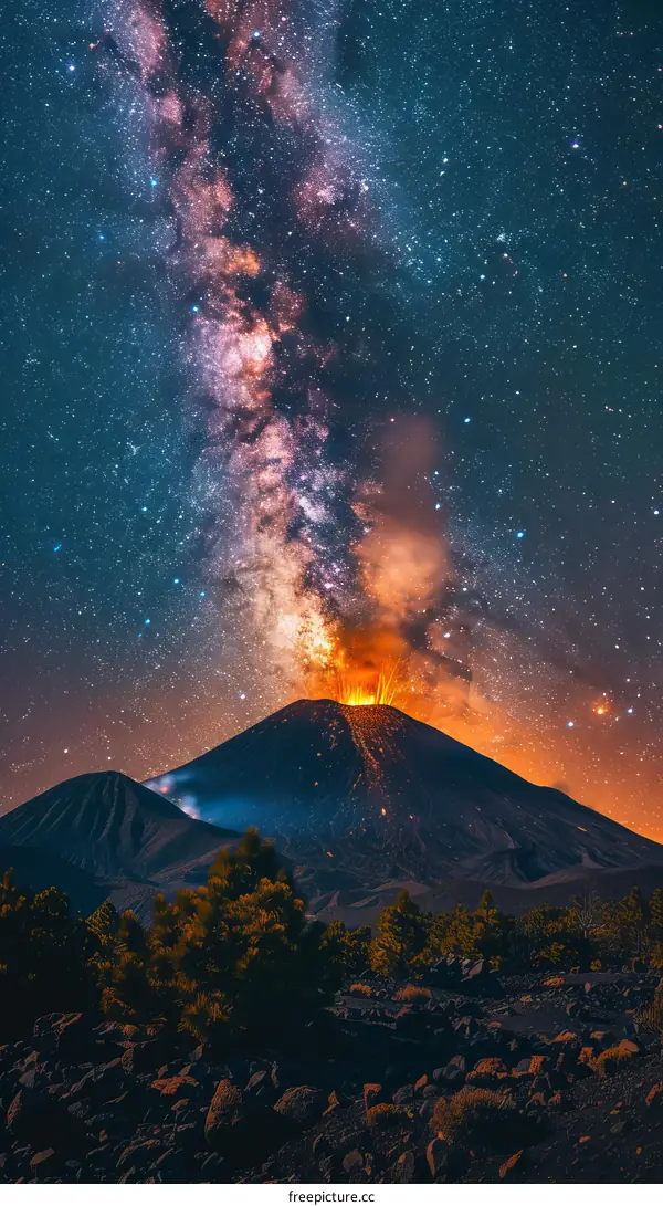 Stromboli volcano eruption at night with milky way in the background