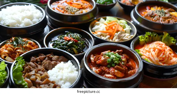 Korean Food Table with Variety of Dishes