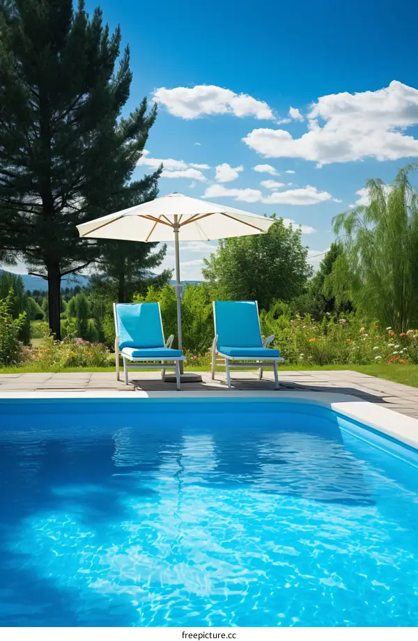 Two blue empty lounge chairs with umbrella near swimming pool