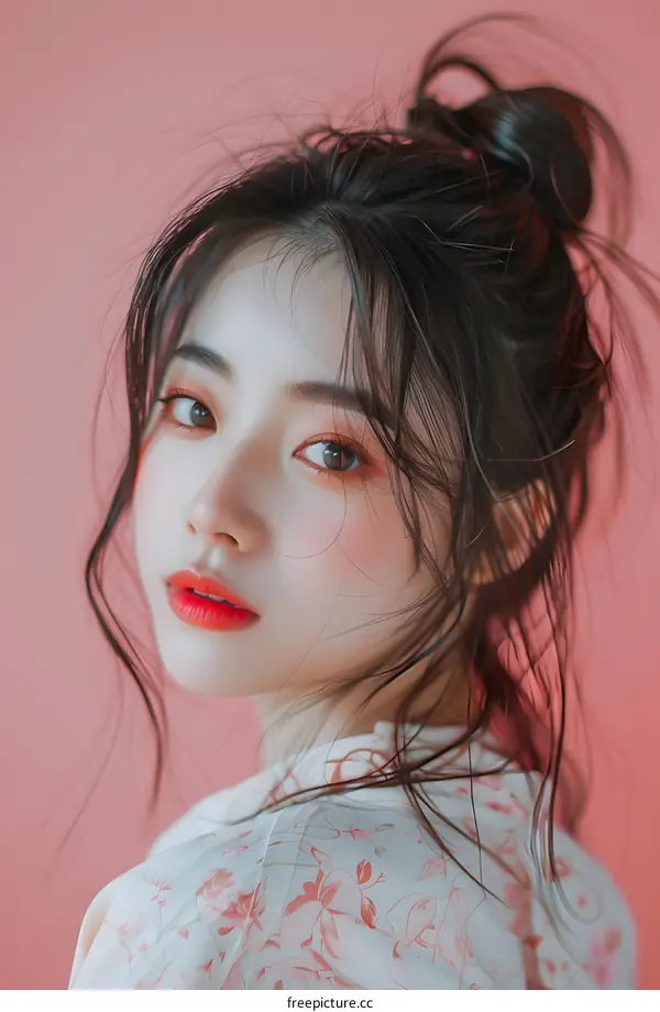 Portrait of a Young Asian Woman with a Messy Bun