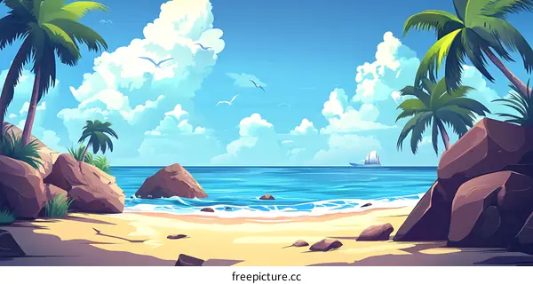 Tropical Beach Scene with Palm Trees and Rocks