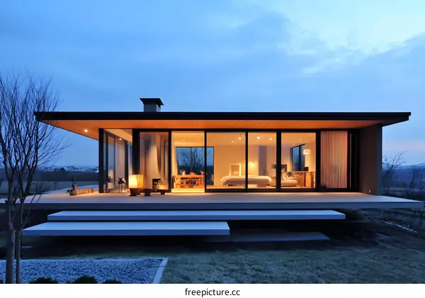Modern Minimalist House with Large Glass Windows and Wooden Deck