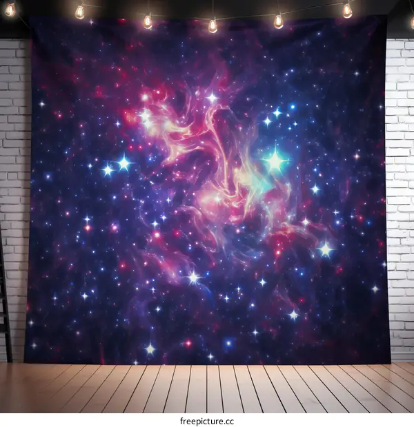 An illustration of a colorful nebula in space with a brick wall in the foreground.