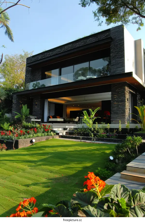Modern House Exterior Design with Natural Stone Cladding and Glass Windows