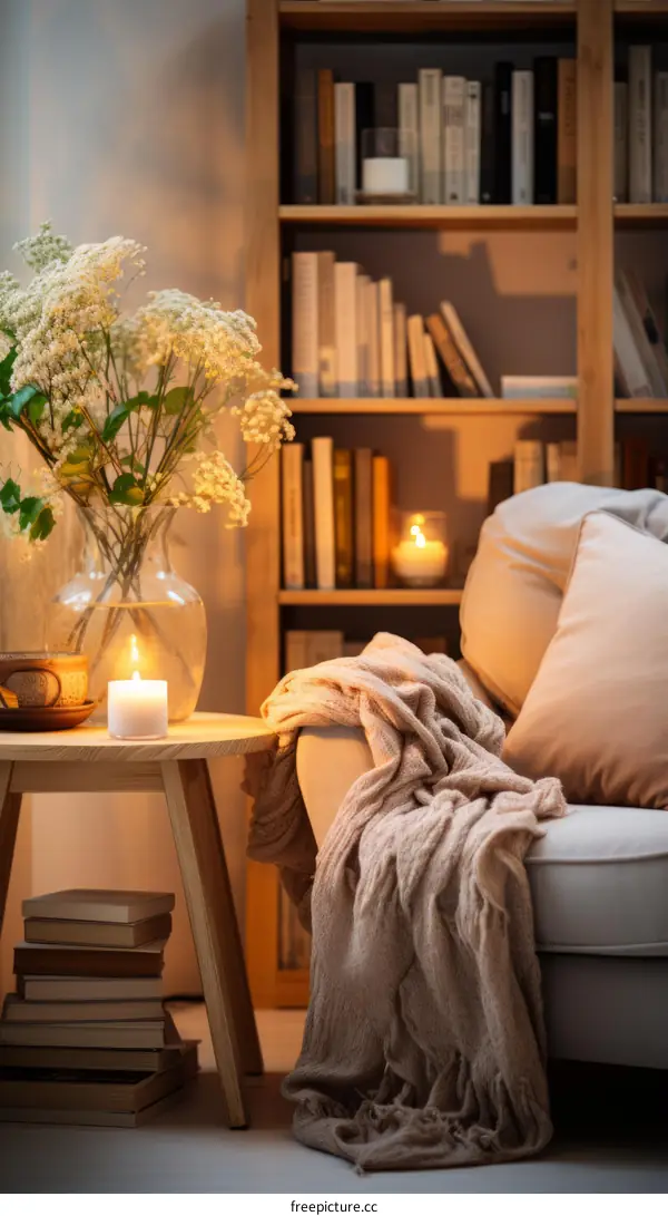 A cozy living room with a vase of flowers, a stack of books, and a soft blanket on the couch