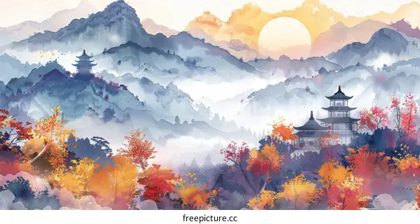 Watercolor Painting Of Mountains And Temples