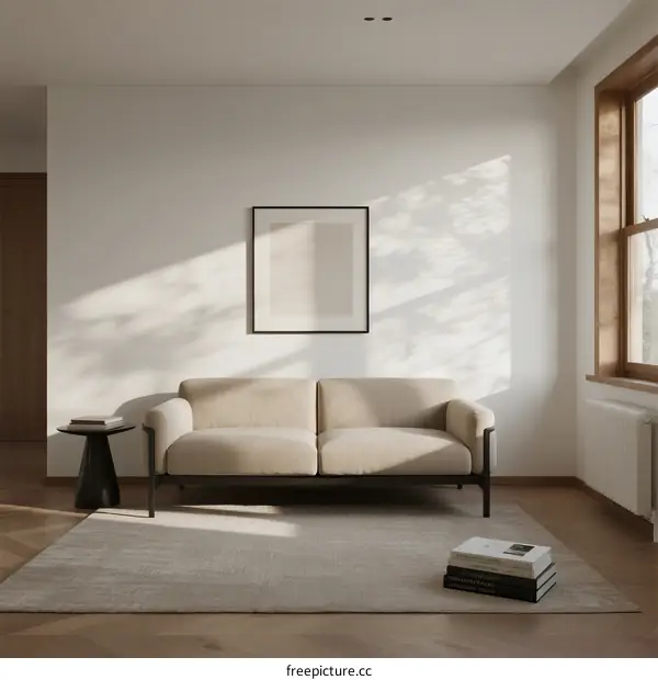 Modern minimalist living room with natural light and neutral tones