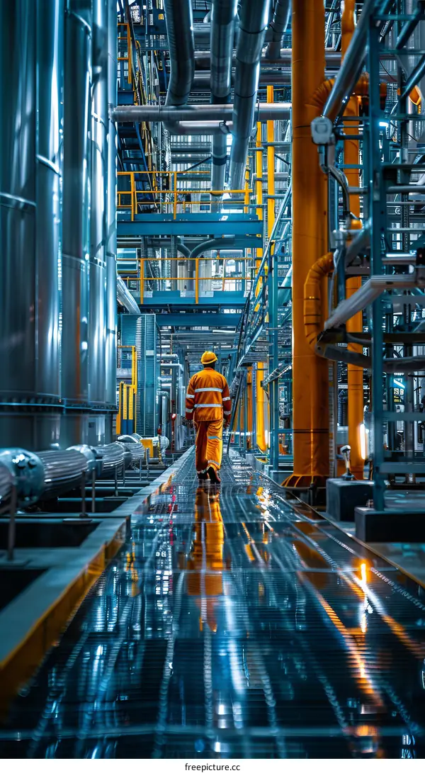 Industrial worker walking through a modern industrial facility