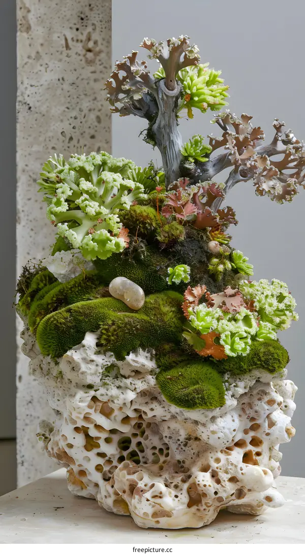 Green Moss and Succulents Growing on a White Rock