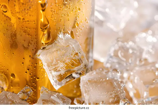 Close Up of Ice Cubes in a Glass of Beer