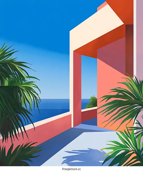 Minimalist Illustration of a Palm Tree with a View of the Sea