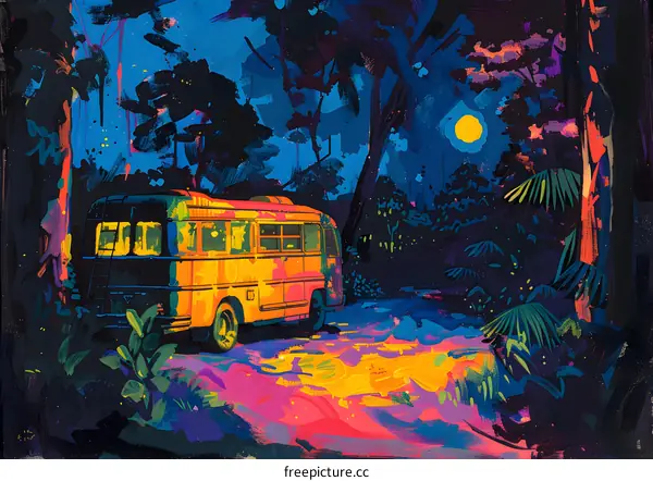 A yellow school bus sits in a forest at night, with a full moon in the sky.