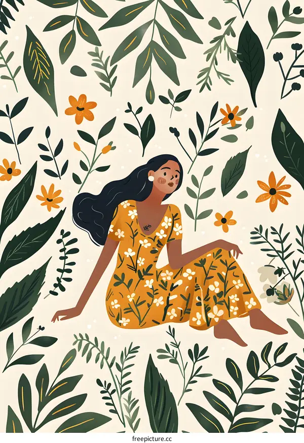 Woman in Yellow Dress Sitting in a Garden of Flowers and Green Leaves