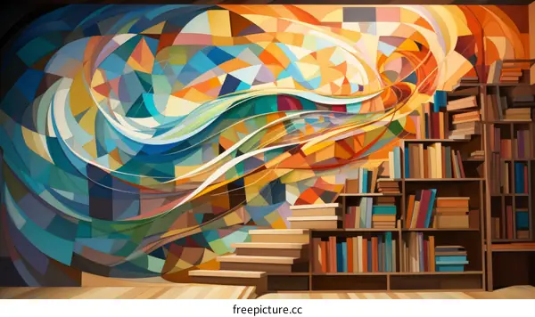 Colorful Geometric Shapes Painting with Staircase and Bookshelf