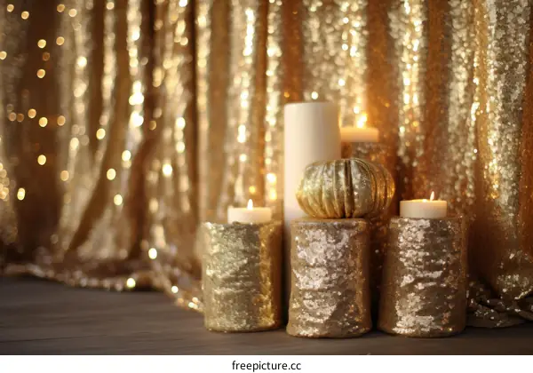Gold sequin backdrop with candles and pumpkin