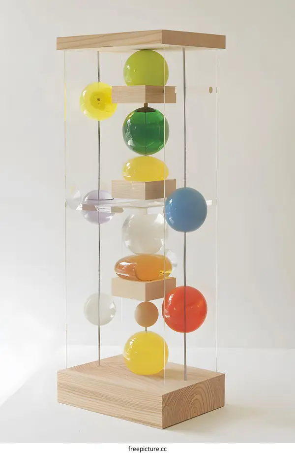 Colorful Glass Balls Suspended in a Wooden Frame
