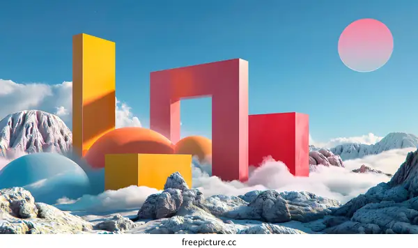 Abstract 3D Landscape with Colorful Geometric Shapes and Cloudy Sky