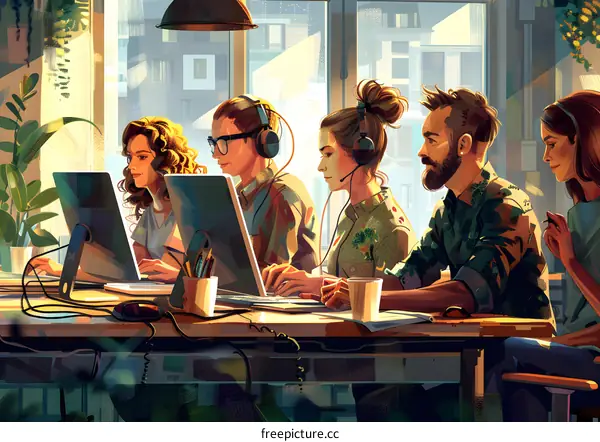 A group of diverse young professionals working together in a creative office space