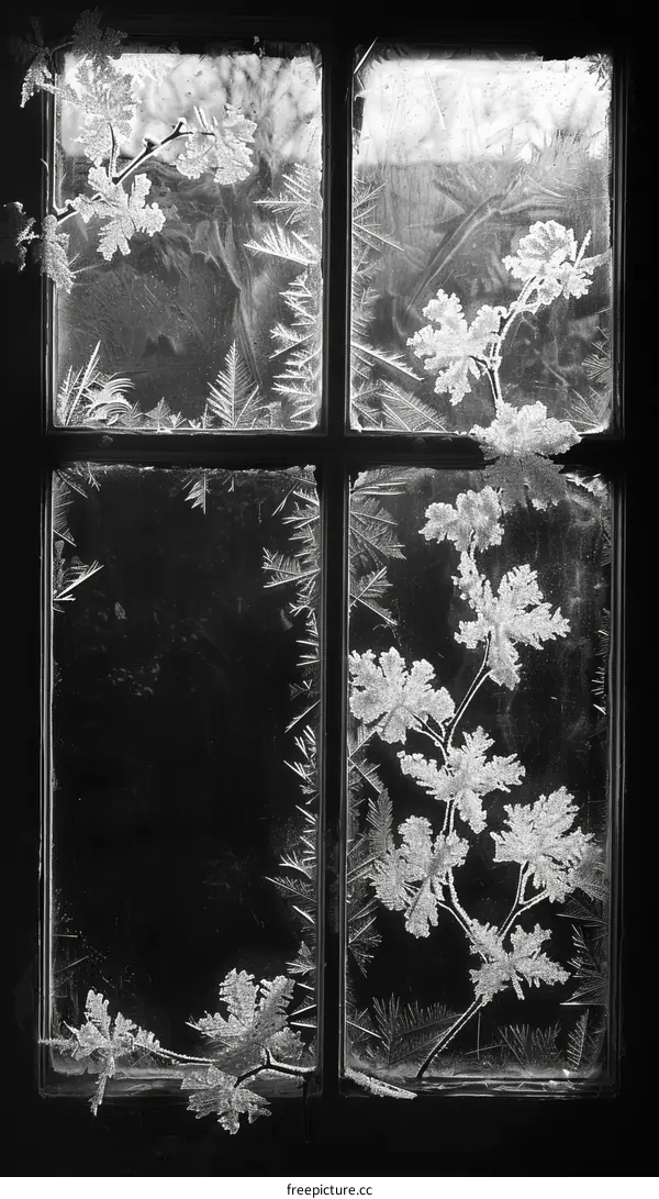 Black and white photo of frost on a window