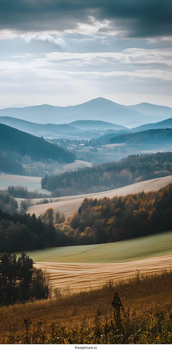 Aerial View of Rolling Hills and Fields in a Rural Landscape