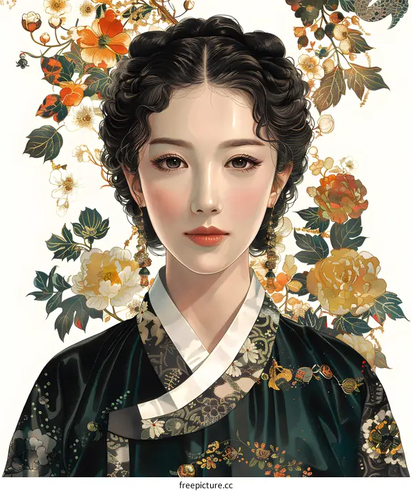 A digital painting of a young woman in a traditional Korean hanbok dress with flowers in her hair and background