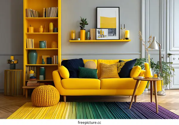Modern Yellow Living Room Design with Gray Walls