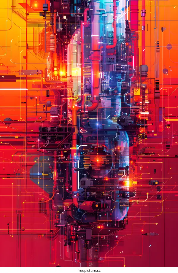 Abstract Digital Cityscape with Red and Blue Wires