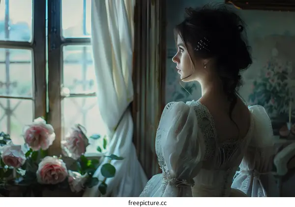 A woman in a white lace dress is staring out the window