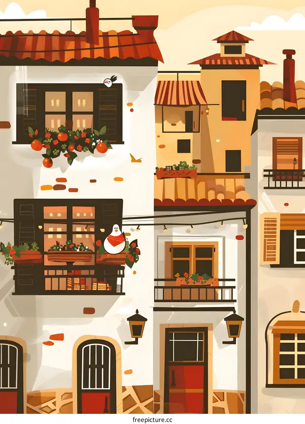 European Style Building with Flowers and Bird on Window