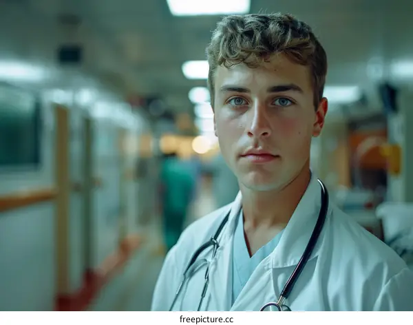 Portrait of a male doctor in a hospital hallway