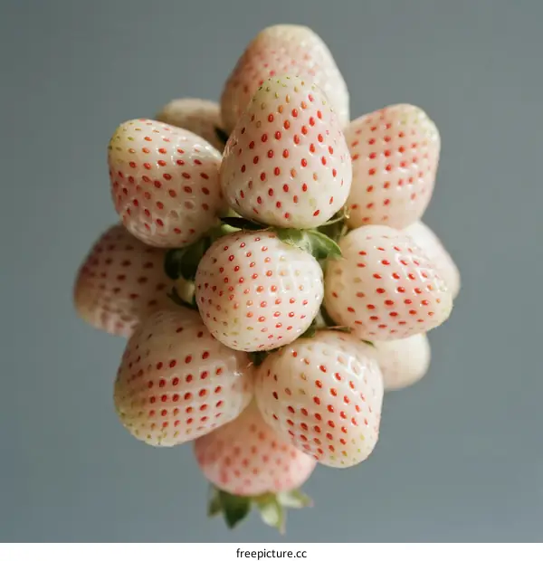 Fresh white strawberries with red seeds arranged in cluster