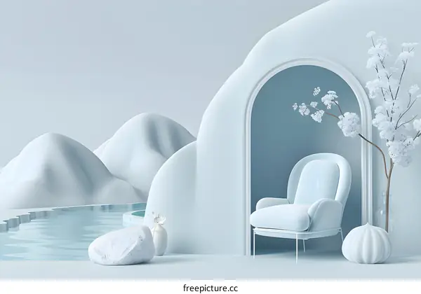 Minimalist Blue 3D Scene with Chair and Mountains