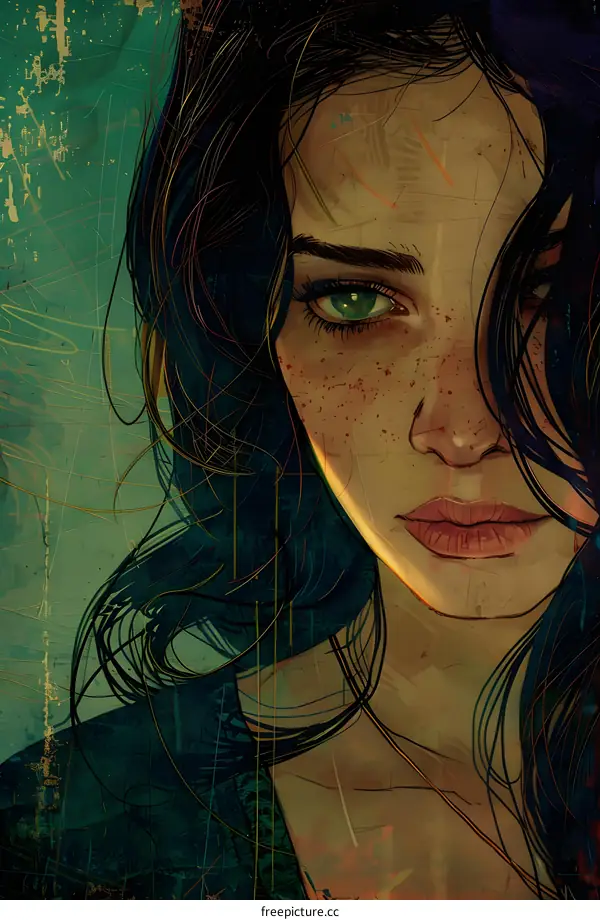 Portrait of Woman with Green Eyes and Freckles