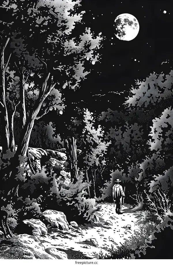 Walking in the Forest at Night with Full Moon and Stars