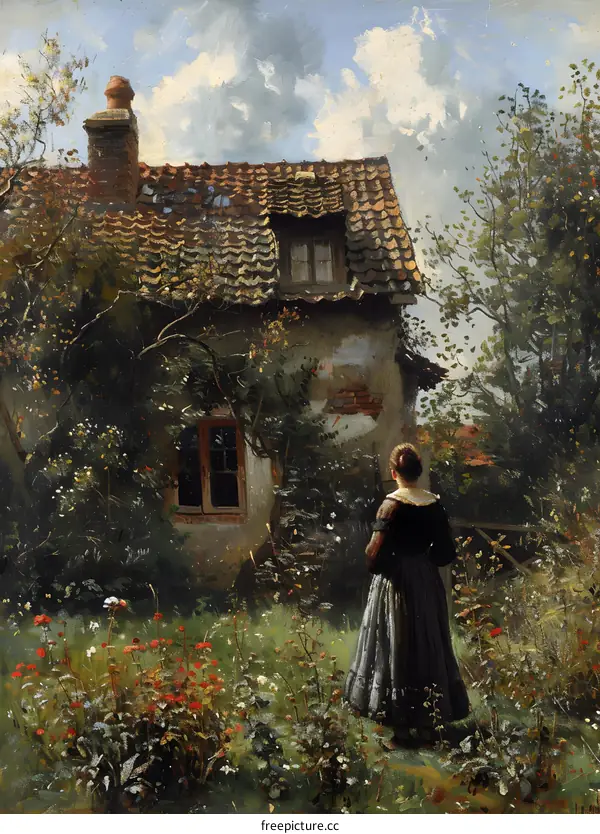 A woman standing in a garden looking at a cottage