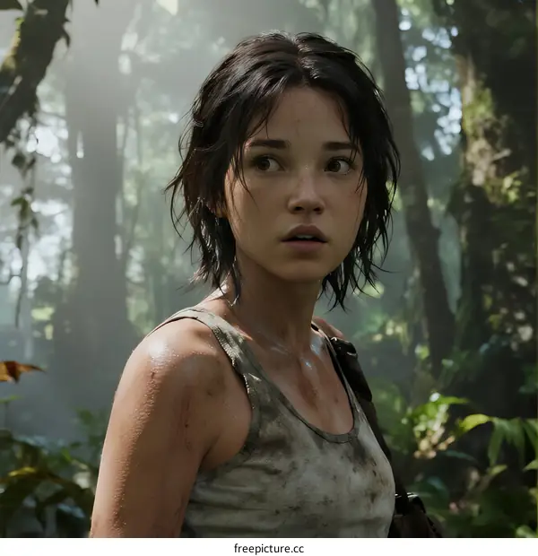Lara Croft Exploring Dense Rainforest with Determined Expression
