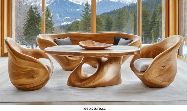 Hand-carved Wooden Dining Set with Mountain View