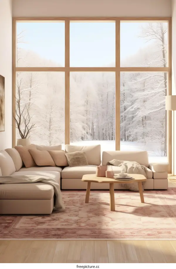 Modern living room interior with large windows and a view of the snowy forest