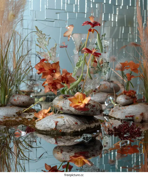 Still Life with Broken Glass, Flowers, and Water Reflection